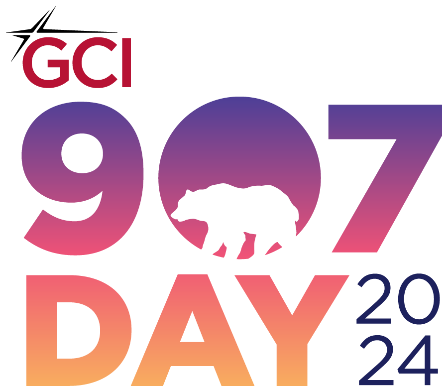 Purple and orange logo with a silhouette of a bear and the words "GCI 907 Day 2024."