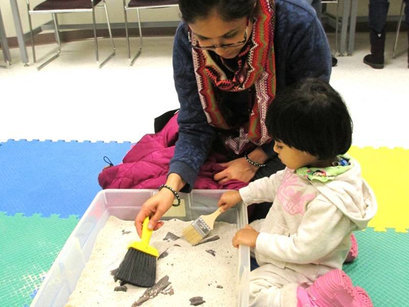 Adult and child uncovering fossils in a box filled with sand.