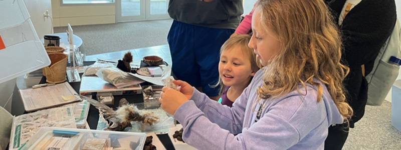 Children looking at a variety of museum objects on a table.