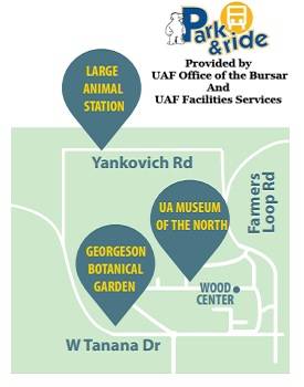 Map showing the UAF campus, with the Wood Center, Museum. Botanical Gardens, and Large Animal Station marked.
