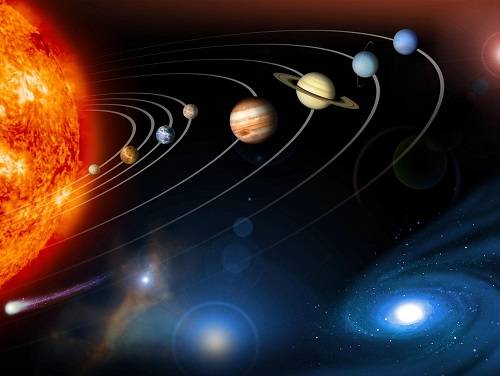 Artist's rendition of the Solar System, showing the sun, planets, asteroids, and comets.