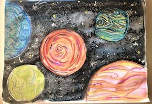 Example Solar System Art: colorful planets drawn with crayon on a black watercolor background.