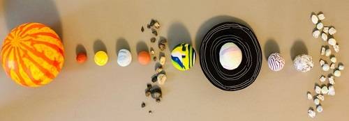 A model solar system laid out on the floor, with balls representing the sun and planets.