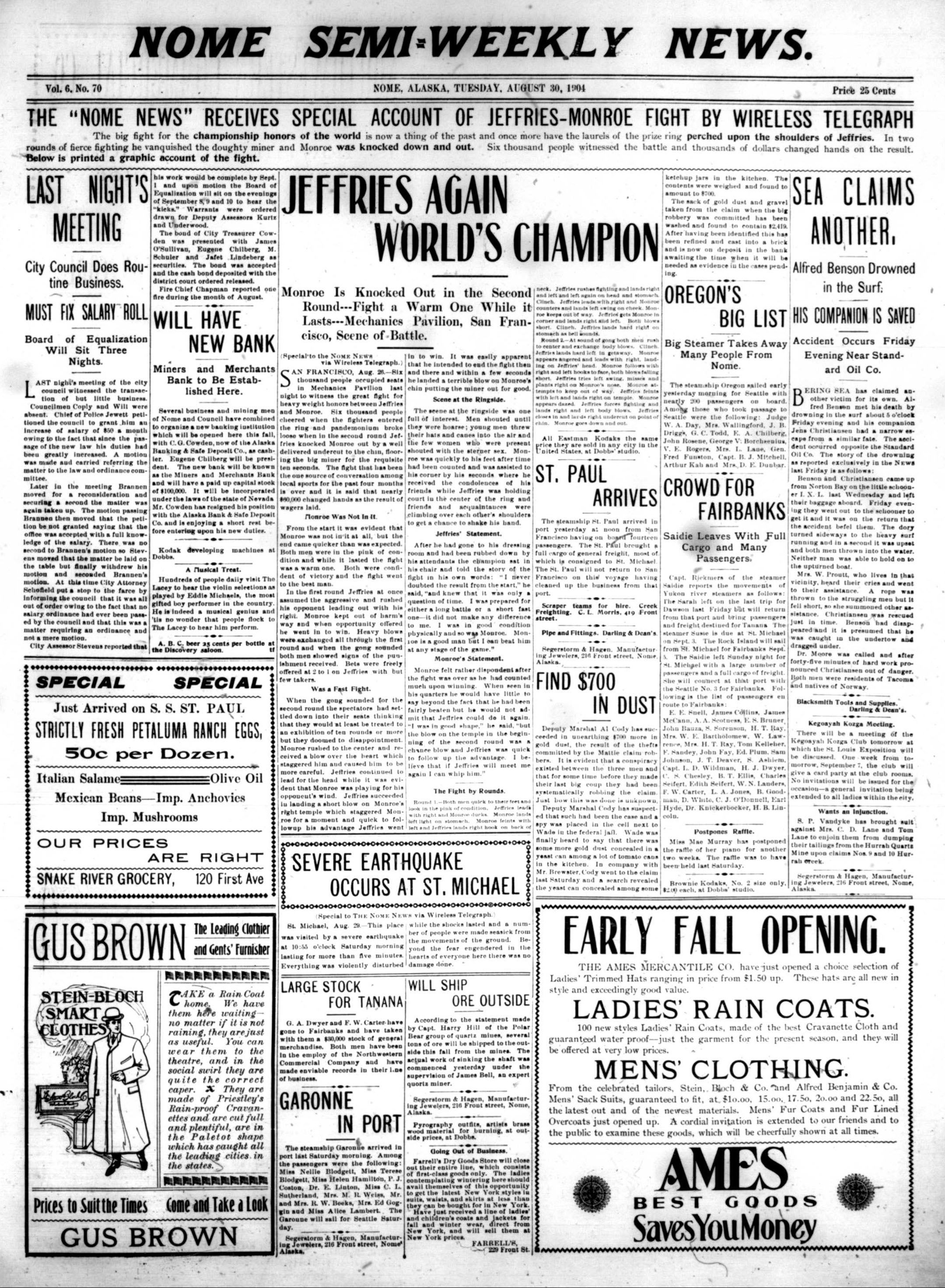 1904 August 30, Nome Semi-Weekly News (pg 1)