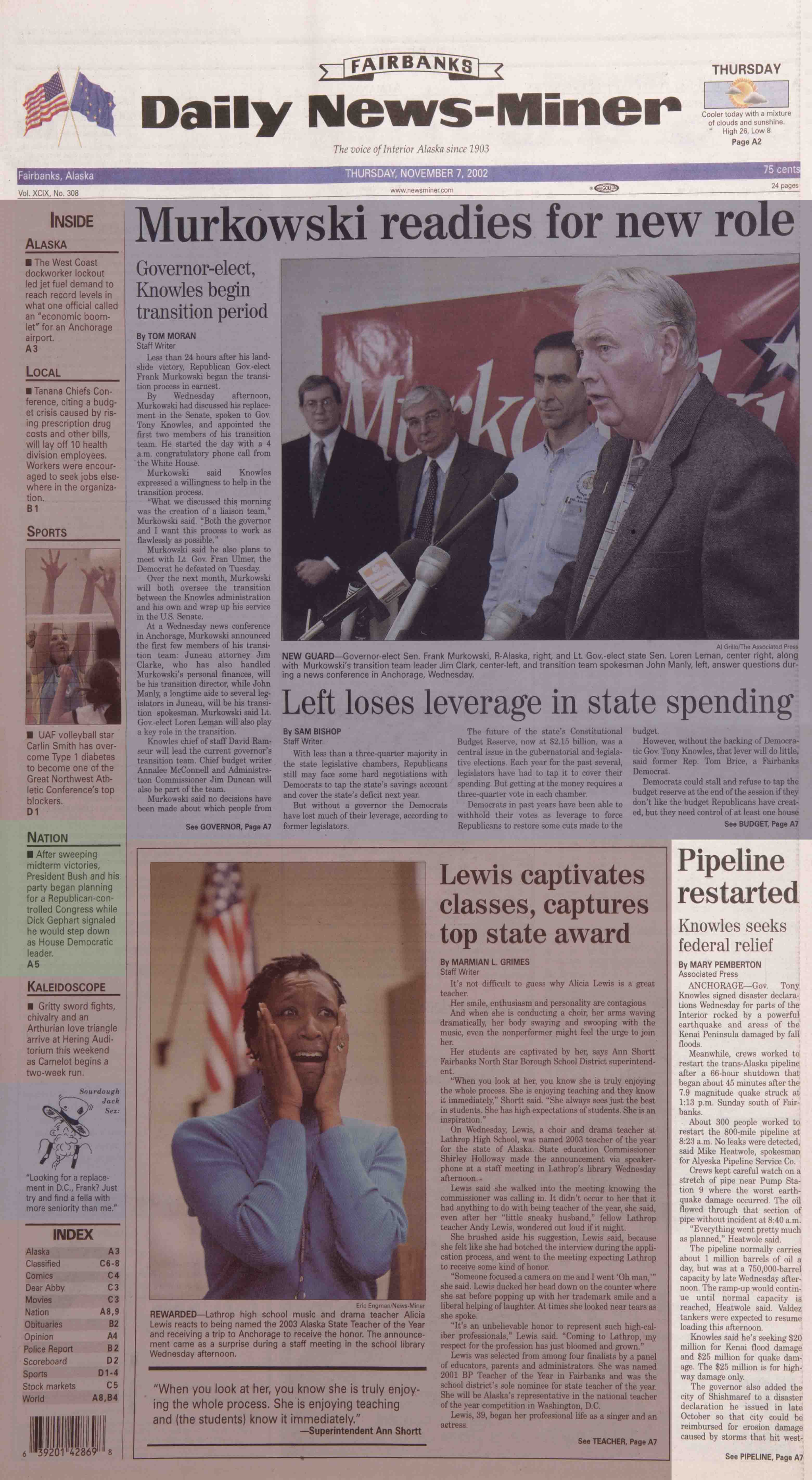 2002 November 7, Fairbanks Daily News-Miner (pg 1)