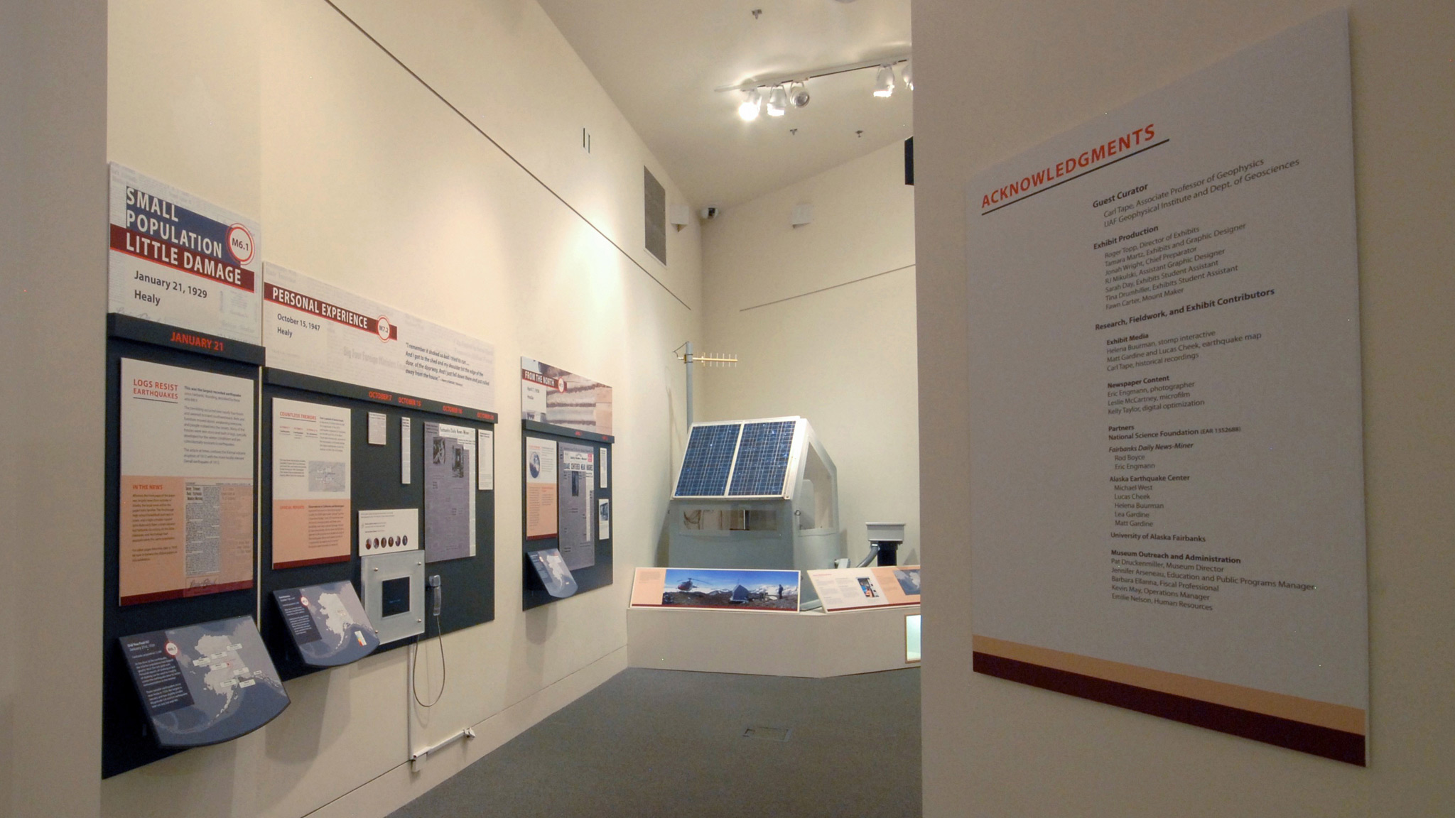 Looking along the north wall of the gallery and the exhibits for the 1929, 1947, and 1958 earthquake events.