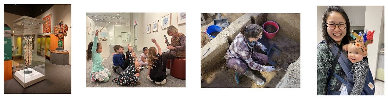Collage showing a dress made of salmon bones in a museum gallery, a group of children sitting with an adult in a museum gallery, a researcher digging in the dirt, and an adult holding a baby, with the baby wearing a headband decorated with feathers and tissue paper.