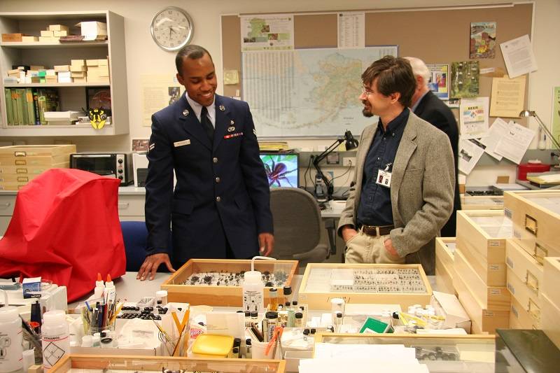 Person wearing a military uniform looking at insect specimens on a table, while Curator of Insects Derek Sikes looks on.
