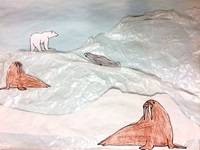 Arctic Landscape collage made of blue and white paper, wax paper, and colored cutouts of walruses, seals, and polar bears.