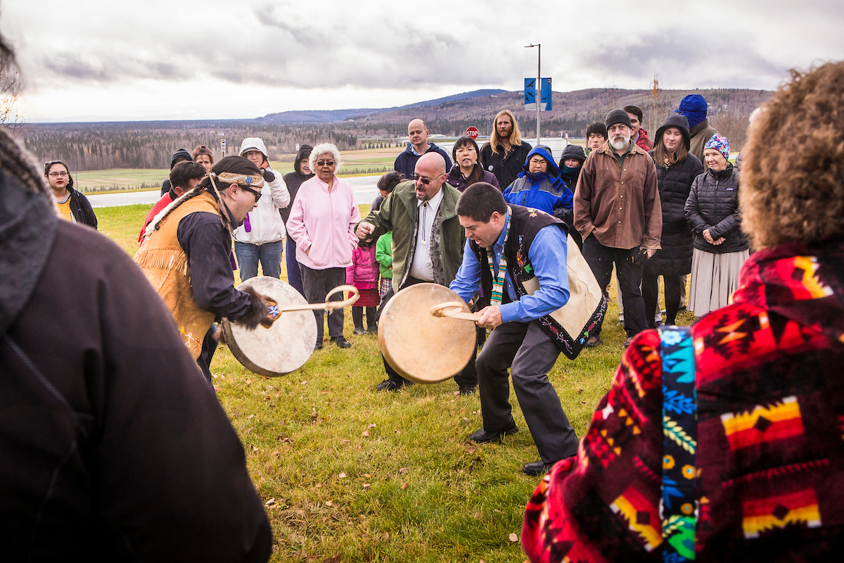 UAF students, staff, faculty, and community members gather at Troth Yeddha’ Park to commemorate the 2017 Indigenous Peoples Day at the Fairbanks campus. | UAF Photo by JR Ancheta
