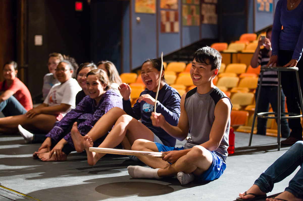 Thomas Brown of Kipnuk leads the young men in a comedic dance during RAHI's Alaska Native Dance class at the Salisbury Theater. UAF Photo by JR Ancheta