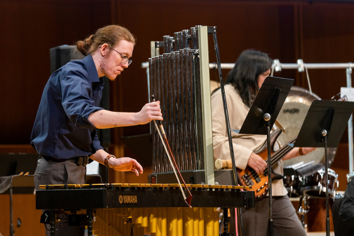 UAF CLA Students perform a piece by Emmy Award winning composer and ecoacoustician Matthew Burtner in the Davis Concert Hall, 3/2/23. UAF photo by Leif Van Cise.