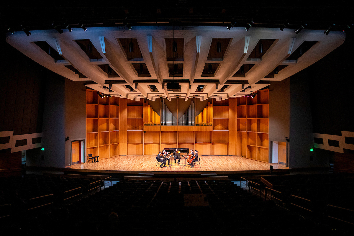 UAF Department of Music hosts Music at One on Thursday, April 13, 2023 in the Davis Concert Hall. Students: Jonathan Swank and Asa Edwards, violin; Dylan Candelaria, viola; Joshua Swank and Cirdan Vonnahme, cello. UAF Photo by Marina Santos