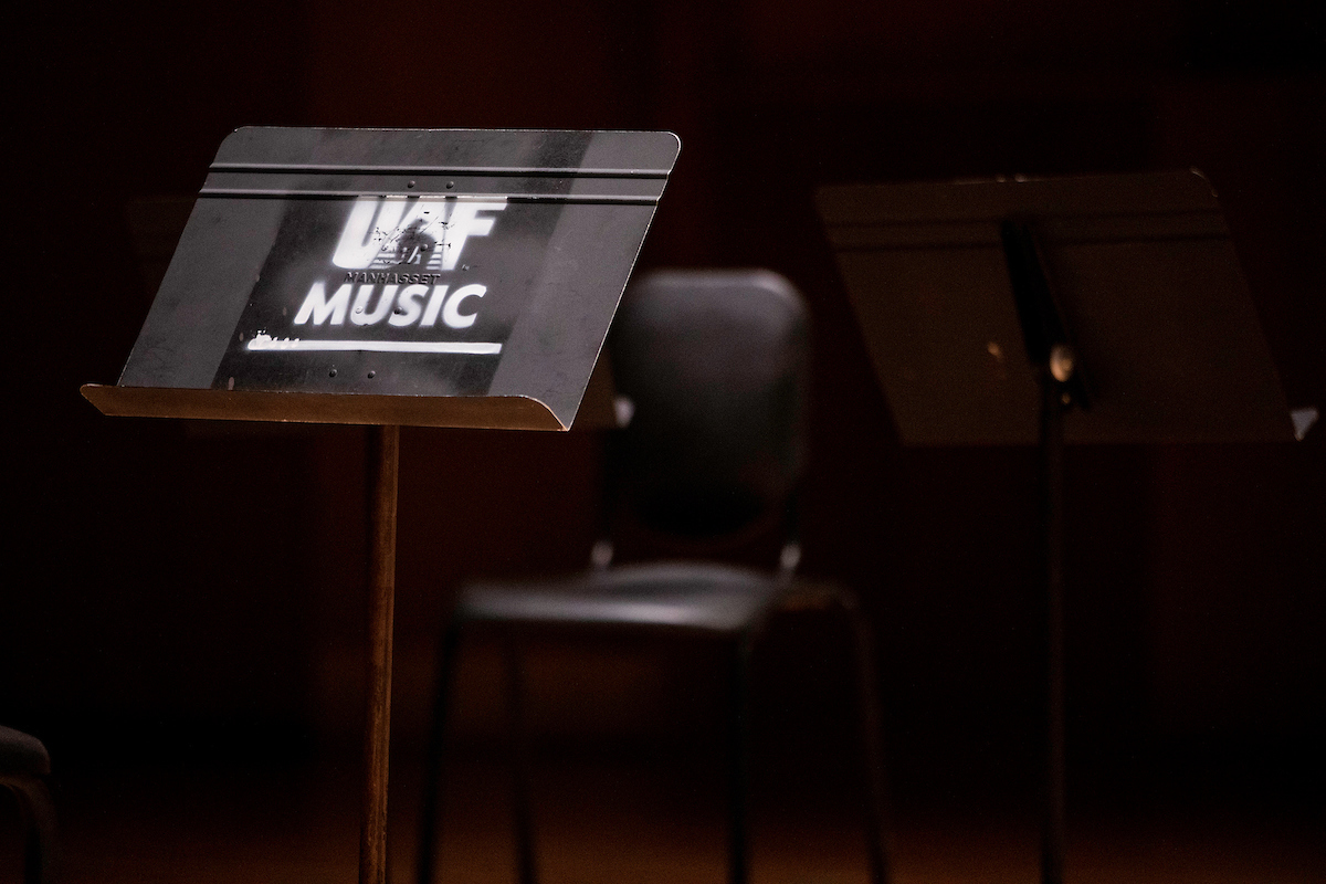 UAF Music stand in an empty Davis Concert Hall. UAF Photo by Marina Santos