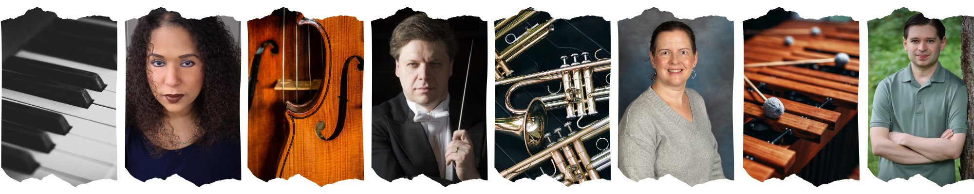 Contact Us Banner image including faculty of the UAF Department of Music and close up photos of instruments