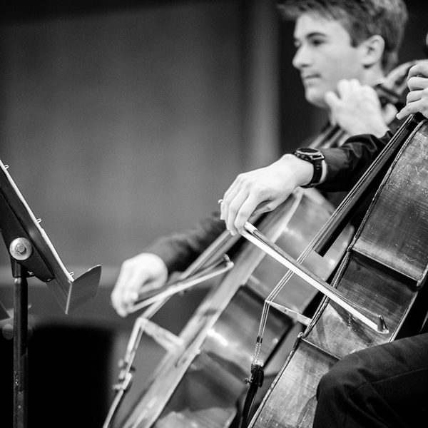 Cello players in the Davis Concert Hall. UAF Photo by Marina Santos