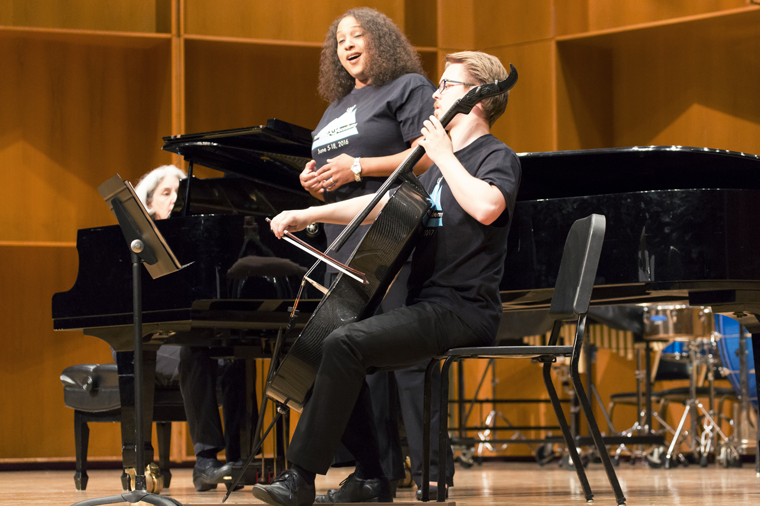 A cellist plays on stage with Jaunelle Celaire during the 2017 UAF Summer Music Academy. UAF Photo