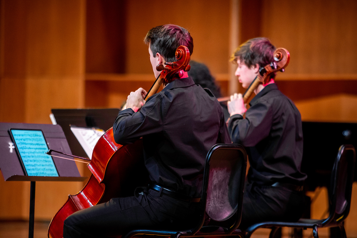 UAF Department of Music hosts Music at One on Thursday, April 13, 2023 in the Davis Concert Hall. Students: Joshua Swank and Cirdan Vonnahme, cello. UAF Photo by Marina Santos