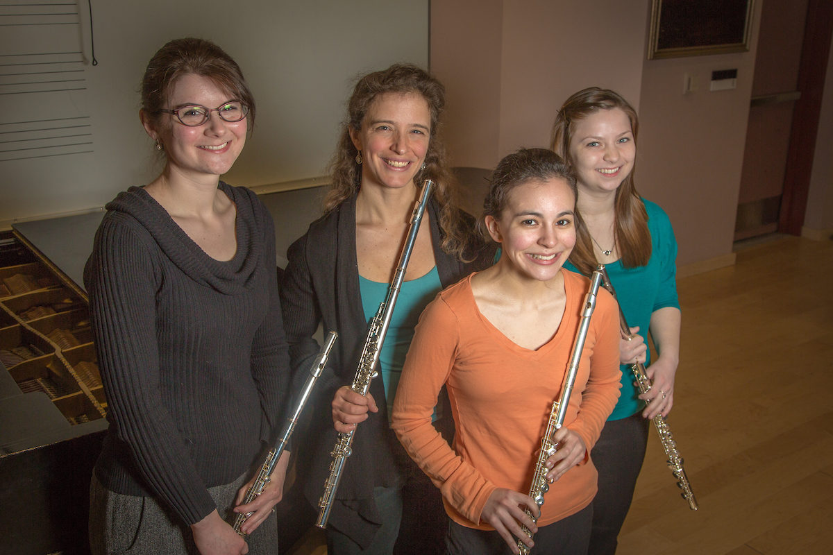 From left to right, Mandi Silveira, Therese Schneider, Meryem Kugzruk and Lilly Gesin are members of a flute quartet at UAF. UAF Photo by Todd Paris