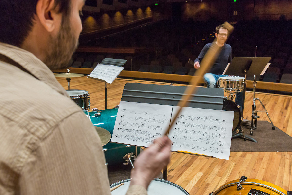 Students work with Professor Morris Palter during class, MUS F606 - Advanced Chamber Music - Percussion, in the Davis Concert Hall. UAF Photo by Todd Paris