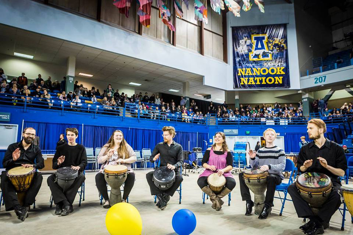 A group of percussionists play at UAF Graduation. UAF Photo