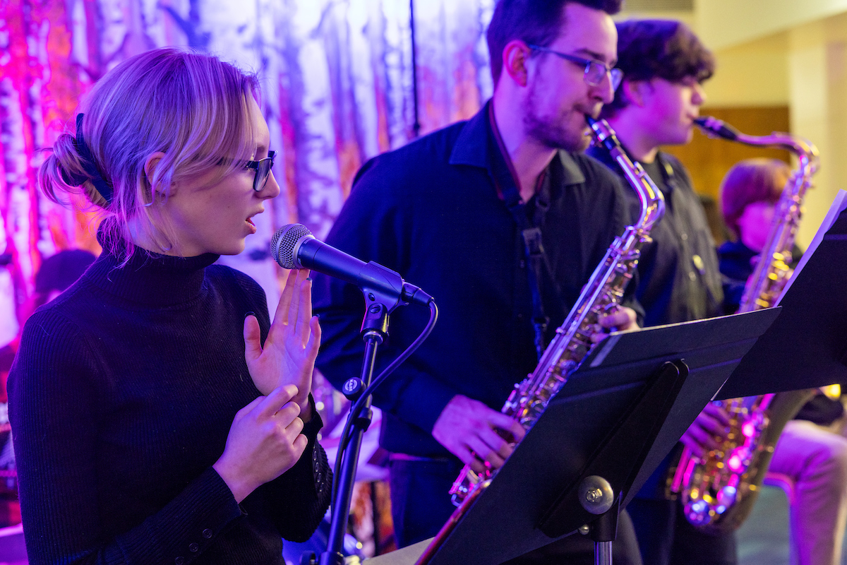 The Jazz Combo performs at the 2023 Chancellor's Holiday Gathering Thursday, December 7, 2023 in the Wood Center. UAF Photo by Eric Engman