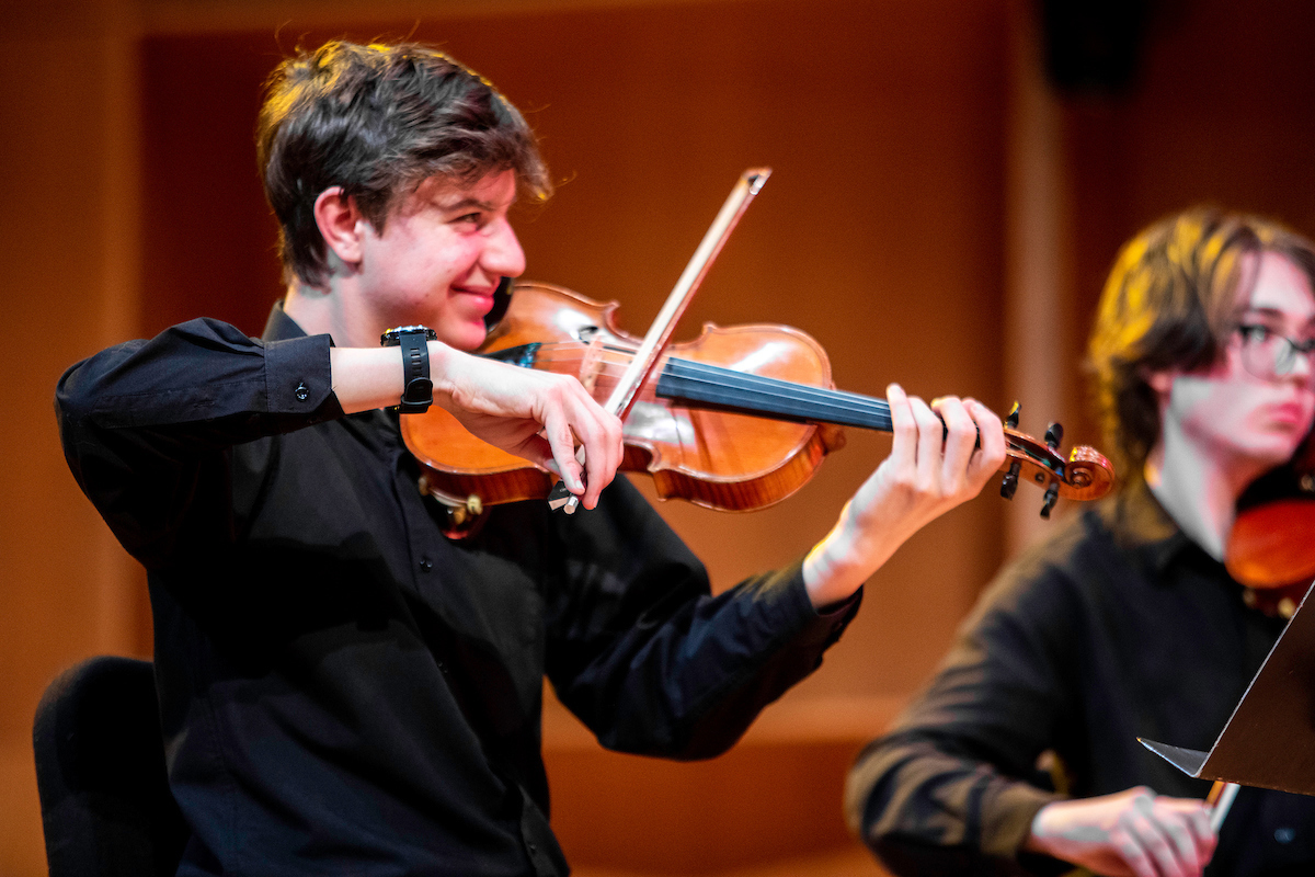 UAF Department of Music hosts Music at One on Thursday, April 13, 2023 in the Davis Concert Hall. Students: Jonathan Swank and Asa Edwards, violin. UAF Photo by Marina Santos