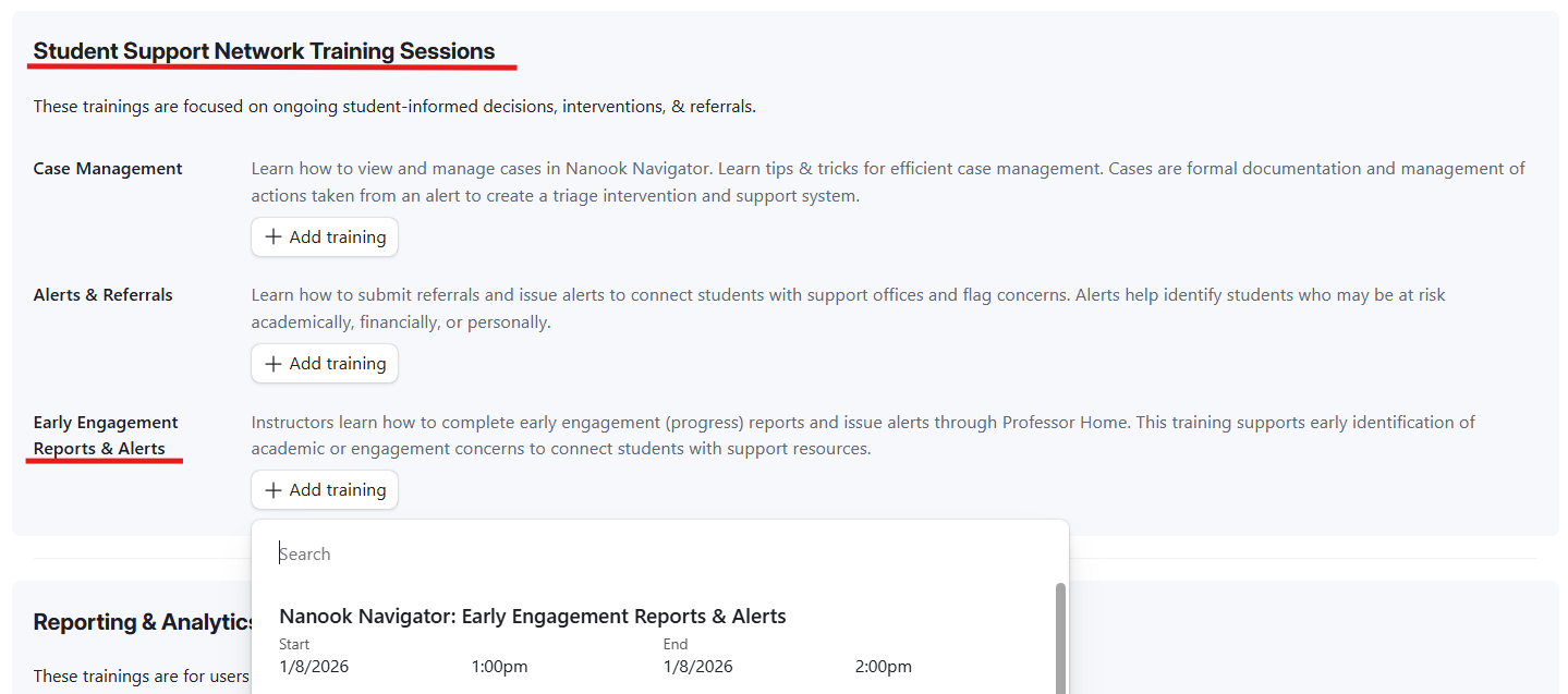 Screenshot of training sign up form
