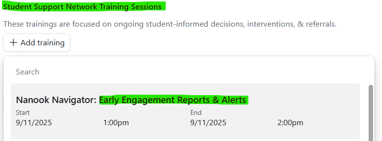 Screenshot of training sign up form