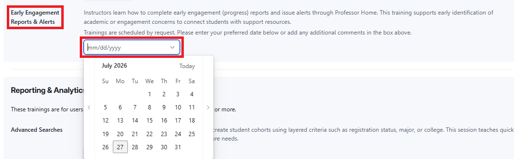Screenshot of training sign up form