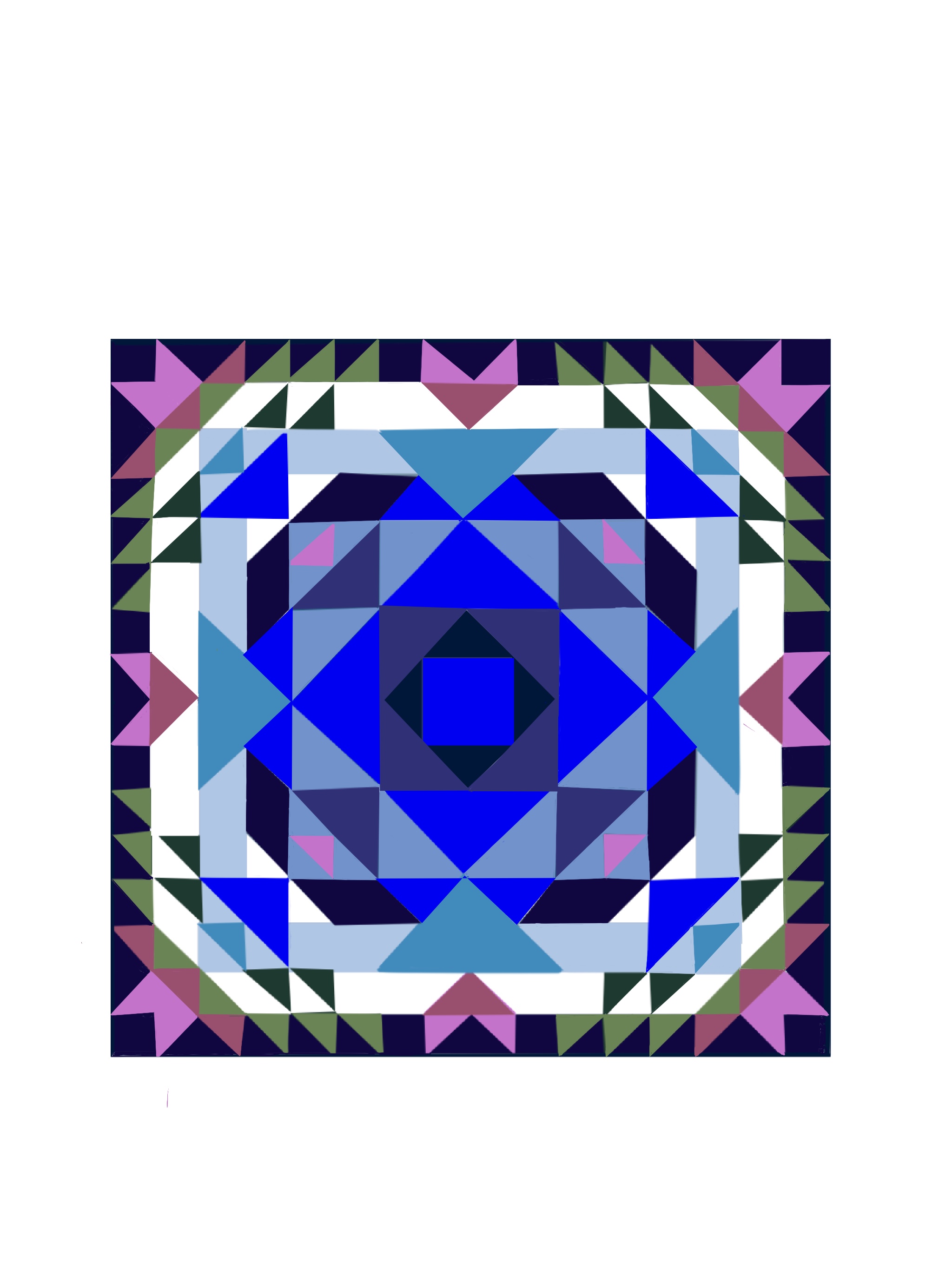 A quilted square with vibrant blue and purple shapes.