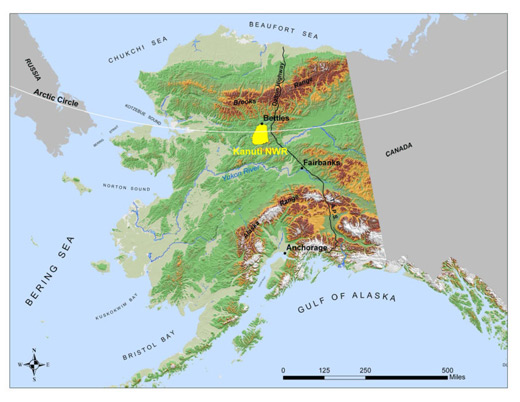 A geographical map of Alaska with the location of Kanuti National Wildlife Refuge marked in yellow.