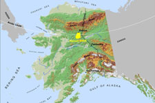 A geographical map of Alaska with the location of Kanuti National Wildlife Refuge marked in yellow.