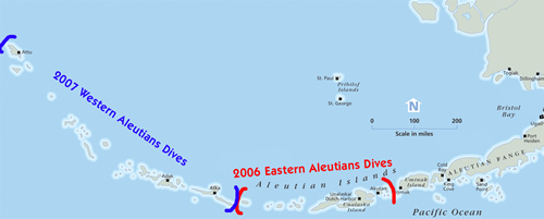 map of 2007 and 2006 Aleutian dives