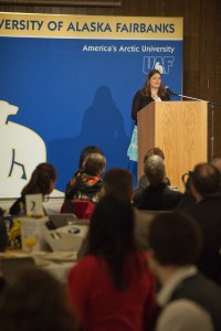 UAF photo by Todd Paris. Scholarship recipient Molly Dischner speaks to the crowd assembled in the Wood Center Carol Brown Ballroom during the annual Scholarship Breakfast April 13.