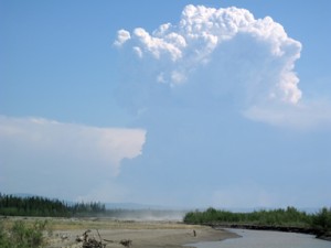 Photo by Ned Rozell . The plume from a 19,000-acre fire near Volkmar Lake in Interior Alaska on May 29, 2011.