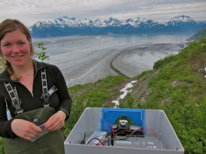 Photo by Chris Larson. Barbara Truessel of UAF’s Geophysical Institute sets up a time lapse camera near Yakutat Glacier which will become several glaciers because of melting. 