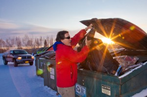 Community members make use of the recycle bins in the Nenana parking lot on the Fairbanks campus.