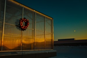UAF photo by Todd Paris. A wreath adorns the newly dedicated SNRAS greenhouse adjacent to the Arctic Health Research Building on UAF's West Ridge. 