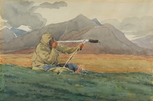 Image courtesy of UA Museum of the North. Elijah Kakinya using his spotting glass to look for caribou, 1951. Artist: Jeffries Wyman, watercolor and pencil on paper. 