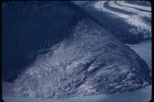 Photo by Don Miller, courtesy of U.S. Geological Survey. The largest splash wave ever recorded, in Southeast Alaska's Lituya Bay, sheared a slope of trees and topsoil to a height of 1,740 feet above sea level.