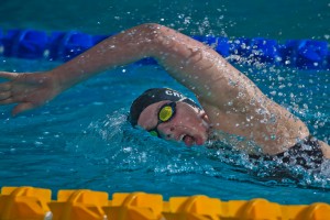 Sophomore Ashley Crowe nears the finish before winning the 1,000 meter freestyle event in the Nanooks 126-79 dual meet victory over the visitors from Colorado Mesa Friday night in the Patty Center pool.