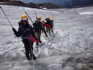 Photo courtesy Erin Pettit. Several girls from the 2009 Girls on Ice expedition on the Easton Glacier, Mount Baker, Washington State. They are roped up and ready to explore the crevasses of the upper mountain. From front to back: Angelica Ferreira (California), Kaia Waller (Vermont), instructor Maria Coryell-Martin (Washington), Annie Bartholomew  (Alaska), and Sune Gerber (South Africa).