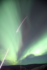Photo by Craig Heinselman, SRI International. A NASA sounding rocket with instruments aboard to collect data on space weather launches from Poker Flat Research Range, 30 miles north of Fairbanks, on Feb. 18, 2012, at 8:41 p.m.