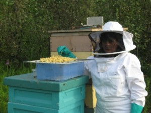 Photo courtesy of Queen's Way Apiaries. Debra Tate in full beekeeping attire.