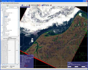 Image courtesy of the UAF Geophysical Institute. SwathViewer software tracks the break-up of sea ice in Barrow in 2002. In this July 18 image, no landfast ice remains. 