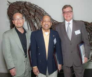 UAF photo by Todd Paris. The 2012 Emil Usibelli Award winners are Kenji Yoshikawa, left, for service, Debendra Das, center, for teaching, and Sergei Avdonin, right, for research.