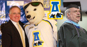Dr. Keller (on left with Nanook mascot) gave three leadership gifts to establish the Jake Poole (right) Family Student-Athlete Summer Scholarship.