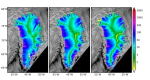 PISM image courtesy of I. Jouphin, et. al.. PISM simulation results of Greenland in this high-resolution image show observed (left) and PISM-modeled (center and right) surface. speeds, in meters per year, for the flow of the present day ice sheet. The observed velocities (left) are from a published paper, namely I. Joughin, B. E. Smith, I. M. Howat, T. Scambos, and T. Moon, 2010. Greenland flow variability from ice-sheet-wide velocity mapping. J. Glaciol. 56 (197), 415–430.. The PISM model results are 100-year simulations at unprecedented 1 km resolution.  The center and right are somewhat different ways of modeling the history of the ice sheet that led to the present day.