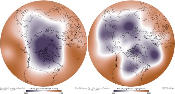 The images show a typical, compact polar vortex configuration, Nov. 14-16, 2013, (left) and a wavy polar vortex configuration, Jan. 5, 2014 (right). Images by National Oceanic and Atmospheric Administration.